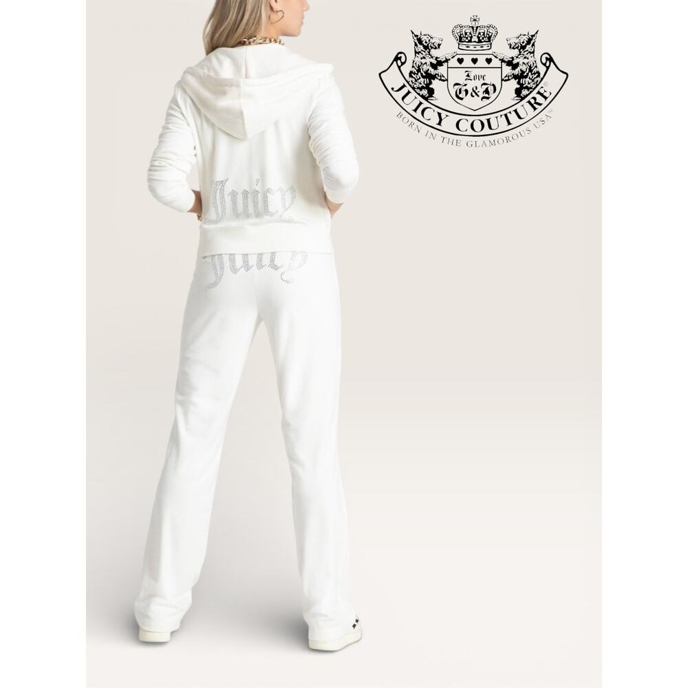 NWT Juicy Couture Y2K Rhinestone Velour Tracksuit White Zip Hoodie Jogger Set L